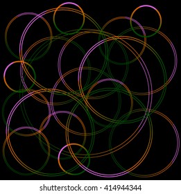 abstract black background with blue, orange, pink and green circles, vector
