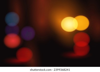 Abstract black background with bokeh of glittering yellow, red, blue, purple, beautiful night. Vector illustration.