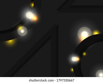 Abstract black background with bright orange and white lights. Vector illustration