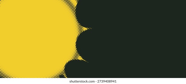 Abstract black background, bright yellow sun with halftone dot texture. Retro inspired pop art aesthetic with bold shape, modern graphic energy for summer posters, social media banners, frames