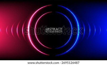 Abstract black background with central dual neon rings glowing in contrasting blue and magenta, with light waves radiating outwards