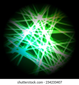 Abstract black background with chaotic neon lines in the round shape