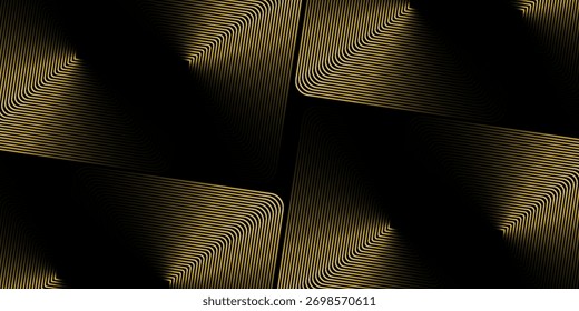 Fundo preto abstrato com padrão de linha quadriculado. Textura da linha de ouro preto. Design criativo moderno brilhante preto e linha de gradiente de ouro. Adequado para papel de parede, pano de fundo, banner, cartaz.	