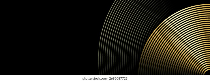 Fondo negro Abstractas con decoración de patrón de línea circular. Concepto de fondo con textura de línea dorada lujosa y brillante. Diseño moderno y futurista para Anuncio, Fondo de pantalla y póster. VOL. 5
