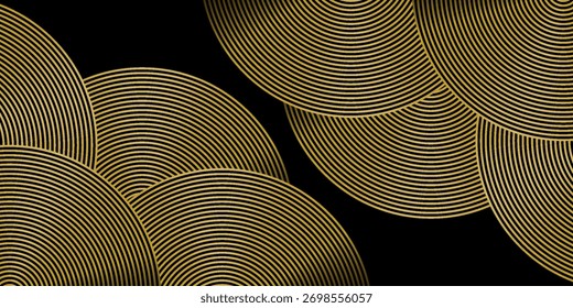 Fondo negro Abstractas con decoración de patrón de línea circular. Concepto de fondo con textura de línea dorada lujosa y brillante. Eps10