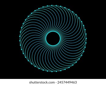 Abstract black background with circle lines pattern in vibrant colors of blue-green light gradient. Vector illustration of music and technology flyer or banner.