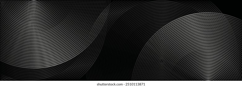 Abstract black background with circle lines pattern. Black metal lines texture. Modern shiny black and gray gradient lines creative design. Suit for wallpaper, backdrop, banner, poster.