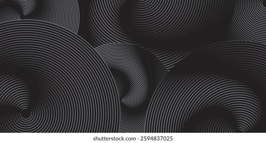 Abstract black background with circle lines pattern. Black metal lines texture. Modern shiny black and gray gradient lines creative design. Suit for wallpaper, backdrop, banner, poster.