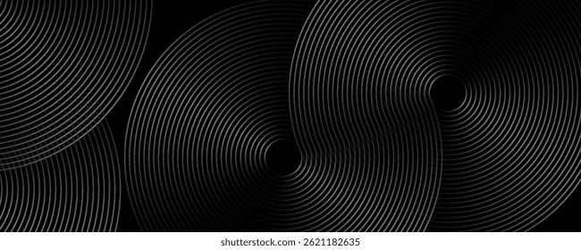 Abstract black background with circle lines pattern. Black metal lines texture. Modern shiny black and gray gradient lines creative design. Suit for wallpaper, backdrop, banner, poster, advertisement.