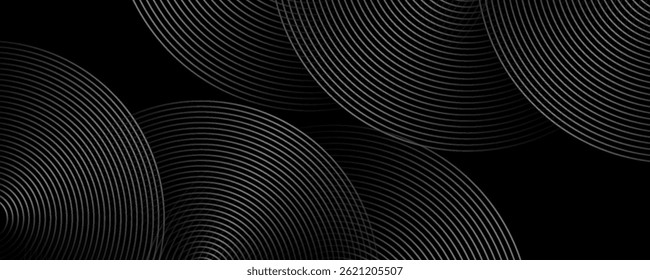Abstract black background with circle lines pattern. Black metal lines texture. Modern shiny black and gray gradient lines creative design. Suit for wallpaper, backdrop, banner, poster, modern vector