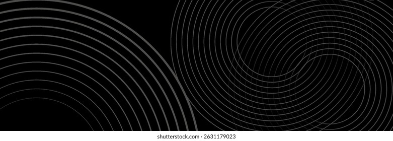 Abstract black background with circle lines pattern. Black metal lines texture. Modern shiny black and gray gradient lines creative design. Suit for wallpaper, backdrop, banner, poster.