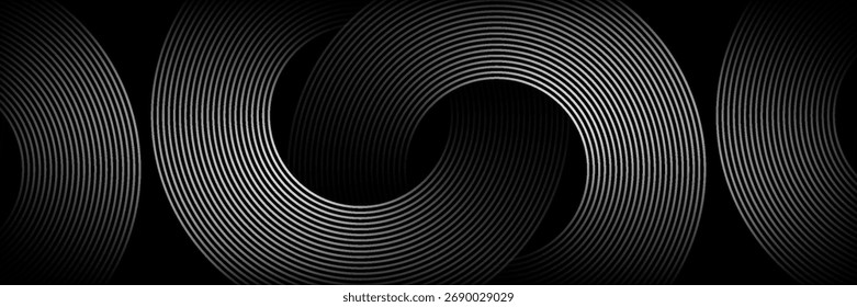 Abstrakter schwarzer Hintergrund mit Kreislinienmuster. Textur der schwarzen Metalllinien. Moderne glänzende schwarze und graue Farbverlauf Linien kreatives Design. Anzug für Tapete, Hintergrund, Banner, Poster.