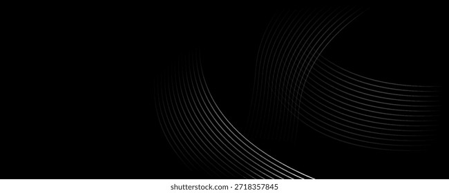 Fondo negro Abstractas con patrón de líneas circulares. Textura de líneas de metal negro. Diseño creativo de líneas degradadas modernas y brillantes en negro y gris. Traje para el Fondo de pantalla, telón de fondo, Anuncio, cartel.