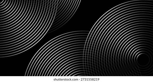 Abstrakter schwarzer Hintergrund mit Kreislinienmuster. Textur der schwarzen Metalllinien. Moderne glänzende schwarze und graue Farbverlauf Linien kreatives Design. Anzug für Tapete, Hintergrund, Banner, Poster.