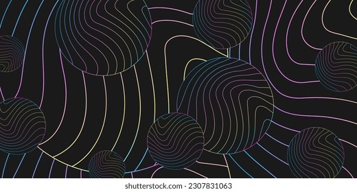 Abstract black background with circles and wavy lines pattern. Modern dark abstract vector texture.