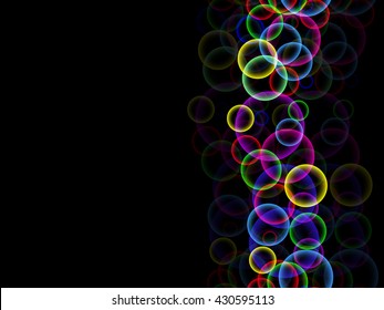 Abstract black background with climbing up the column of colored bubbles and their reflection, vector illustration