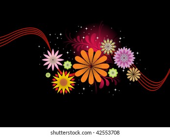 abstract black background with colorful blossoms, twinkle star