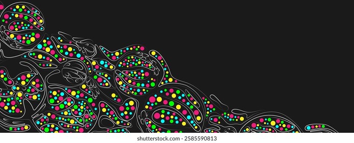 Abstract black background with colorful elements. Vector texture of chaotic waves, particles, circles. Information grid in neurographic style. Posters for presentations, business, technology, medicine