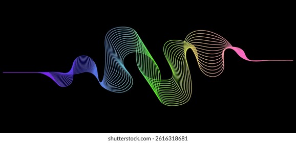  Abstract black background with colorful wavy lines. Rainbow gradient spectrum wave flowing in dynamic curve. Vector element for social media, cover, banner, flyer, music