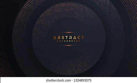 Abstract black background with a combination glowing golden dots with 3D style. Abstract black papercut textured background with shining golden halftone pattern.