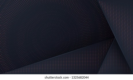 Abstract black background with a combination glowing golden dots with 3D style. Abstract black papercut textured background with shining golden halftone pattern.