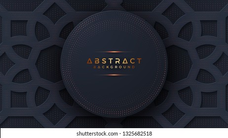 Abstract black background with a combination glowing golden dots with 3D style. Abstract black papercut textured background with shining golden halftone pattern.