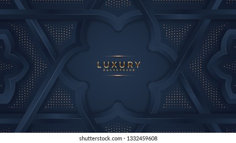 Abstract black background with a combination glowing golden dots with 3D style. Abstract black papercut textured background with shining golden halftone pattern.