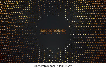 Abstract black background with a combination glowing golden dots. Circle black textured background with shining golden halftone pattern.