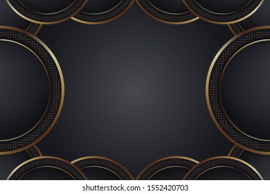 Abstract black background with a combination glowing golden dots with 3D style. papercut textured background with shining golden dot halftone pattern.