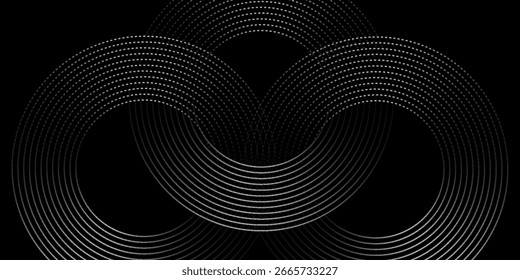 Abstract black background with concentric circles and halftone. White circle lines pattern. Futuristic technology concept. Suit for cover, poster, banner, brochure, header, website