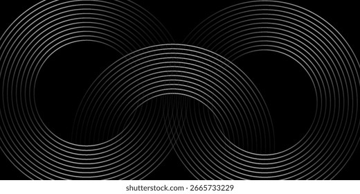 Abstractas fondo negro con círculos concéntricos y semitono. Patrón de líneas circulares blancas. Concepto de tecnología futurista. Traje para la cubierta, cartel, Anuncio, folleto, cabecera, Sitio web