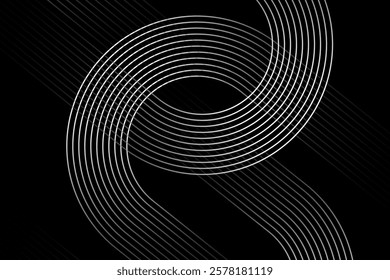 Abstract Black Background with Curved Silver Lines - Modern Minimalist Wave Pattern Digital Art