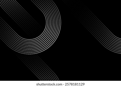 Abstract Black Background with Curved Silver Lines - Modern Minimalist Wave Pattern Digital Art