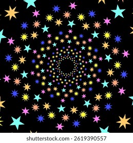 Abstract black background decorated with a pattern of multi-colored flowers arranged in a circle