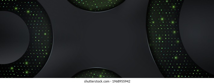 Abstraktes schwarzes Hintergrunddesign kombiniert mit einem grünen Circle Dot Shinny Glitter.
