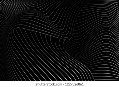 abstract black background with diagonal wave lines, Gradient vector retro line pattern design. Monochrome graphic.