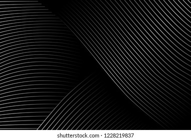 abstract black background with diagonal wave lines, Gradient vector retro line pattern design. Monochrome graphic.