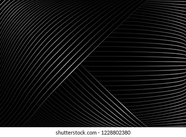 abstract black background with diagonal wave lines, Gradient vector retro line pattern design. Monochrome graphic.