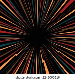 Abstract black background with different color burst lines. Circle explosion rays with bright firework stripes. Comic flash template simple modern style