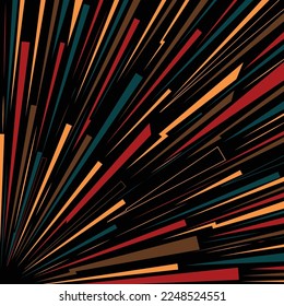 Abstract black background with different color burst lines. Circle explosion rays with bright firework stripes. Comic flash template simple modern style