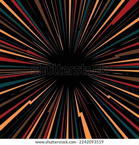 Abstract black background with different color burst lines. Circle explosion rays with bright firework stripes. Comic flash template simple modern style