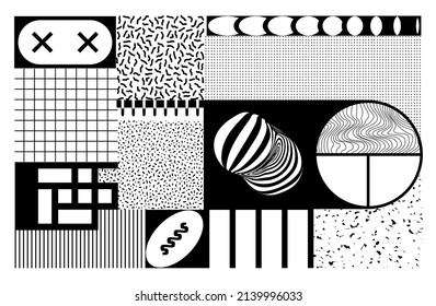 Abstract black background from different pieces of memphis patterns and geometric shapes in the style of brutalism. Vector illustration