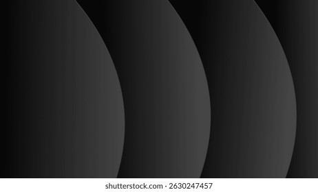 An abstract black background.  Black background with discs and shadows. A black 3d frame with copy space.