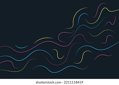 Abstract black background with dynamic colorful particle and flat wavy lines backdrop design