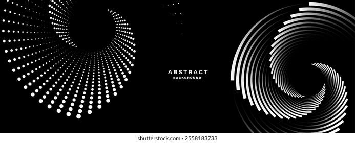 Abstract black background with dynamic concentric circular elements. Vector illustration.
