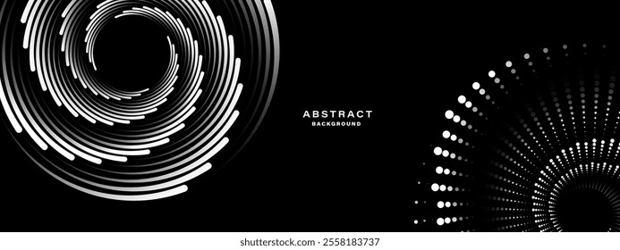 Abstract black background with dynamic concentric circular elements. Vector illustration.