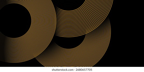 Abstract black background with elegant golden circular line patterns creating a modern, luxurious, and minimal geometric design. Vector illustration eps10. Perfect for modern.