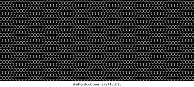 Abstract black background featuring a seamless white hexagonal honeycomb pattern. The minimal, high-contrast geometric design creates a modern, technical, and structured appearance