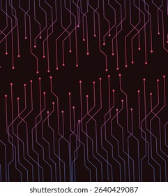 An abstract black background featuring a vibrant gradient of pink, purple, and blue lines resembling a circuit board.