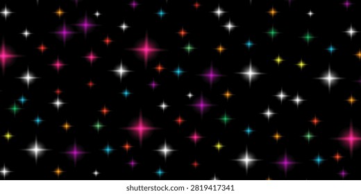 Abstract black background filled with colorful shining twinkling stars and sparkles. Vector illustration of colorful starfield night sky overlay design.